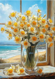 A bouquet of cream and mustard daffodils in a vase overlooking a seaside window