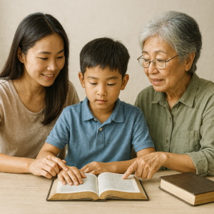 An image of young timothy being taught by his mother and grandma